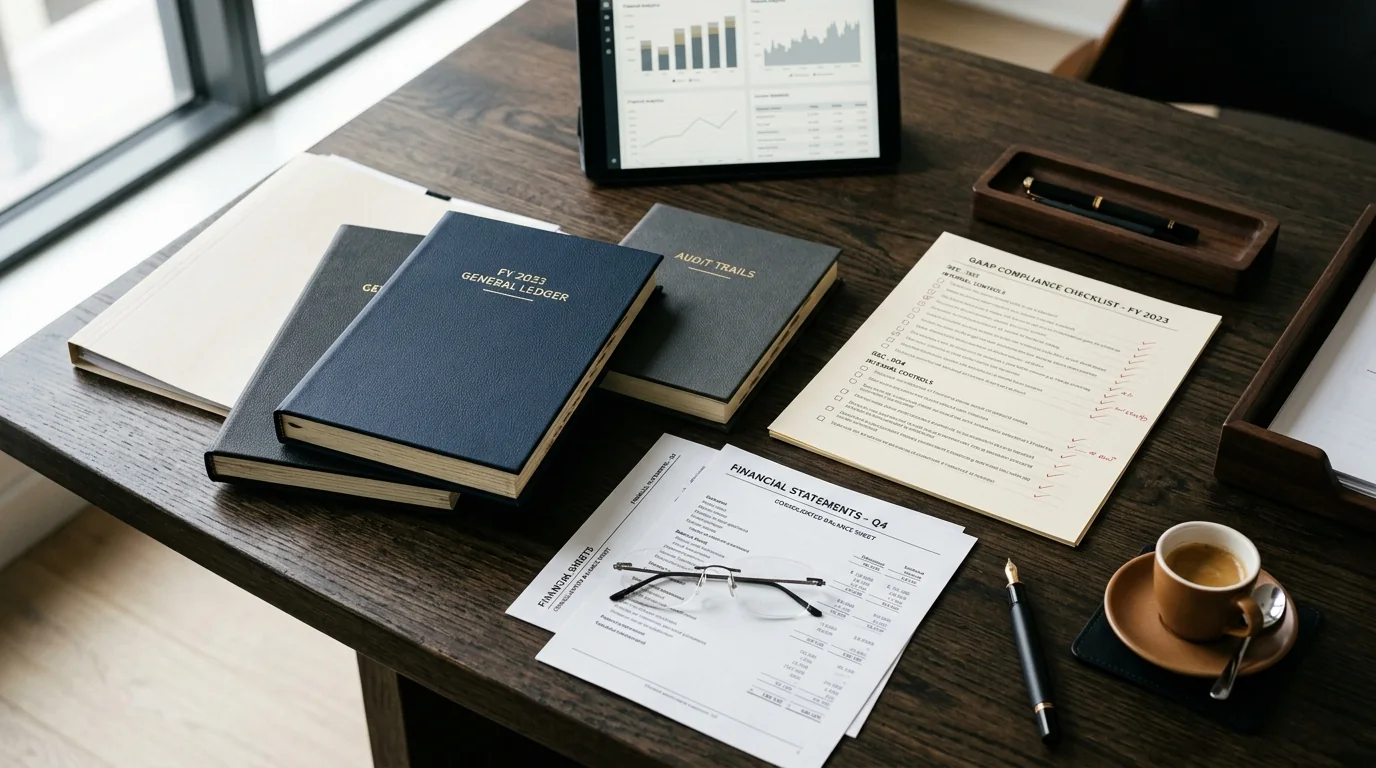 Financial close checklists, GAAP general ledgers, and audit readiness documentation on executive desk