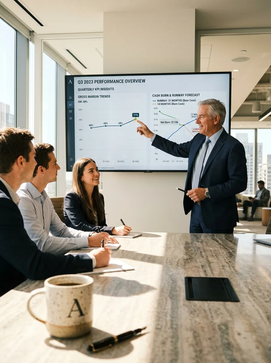 Executive financial reporting dashboards, cash flow modeling, and business insights